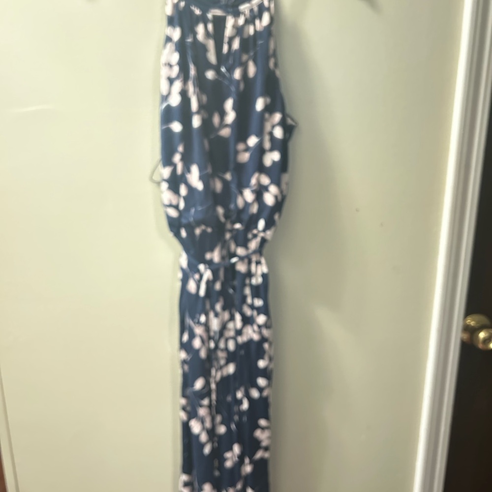 Wisp Petites Navy and White Leaf Print Jumpsuit